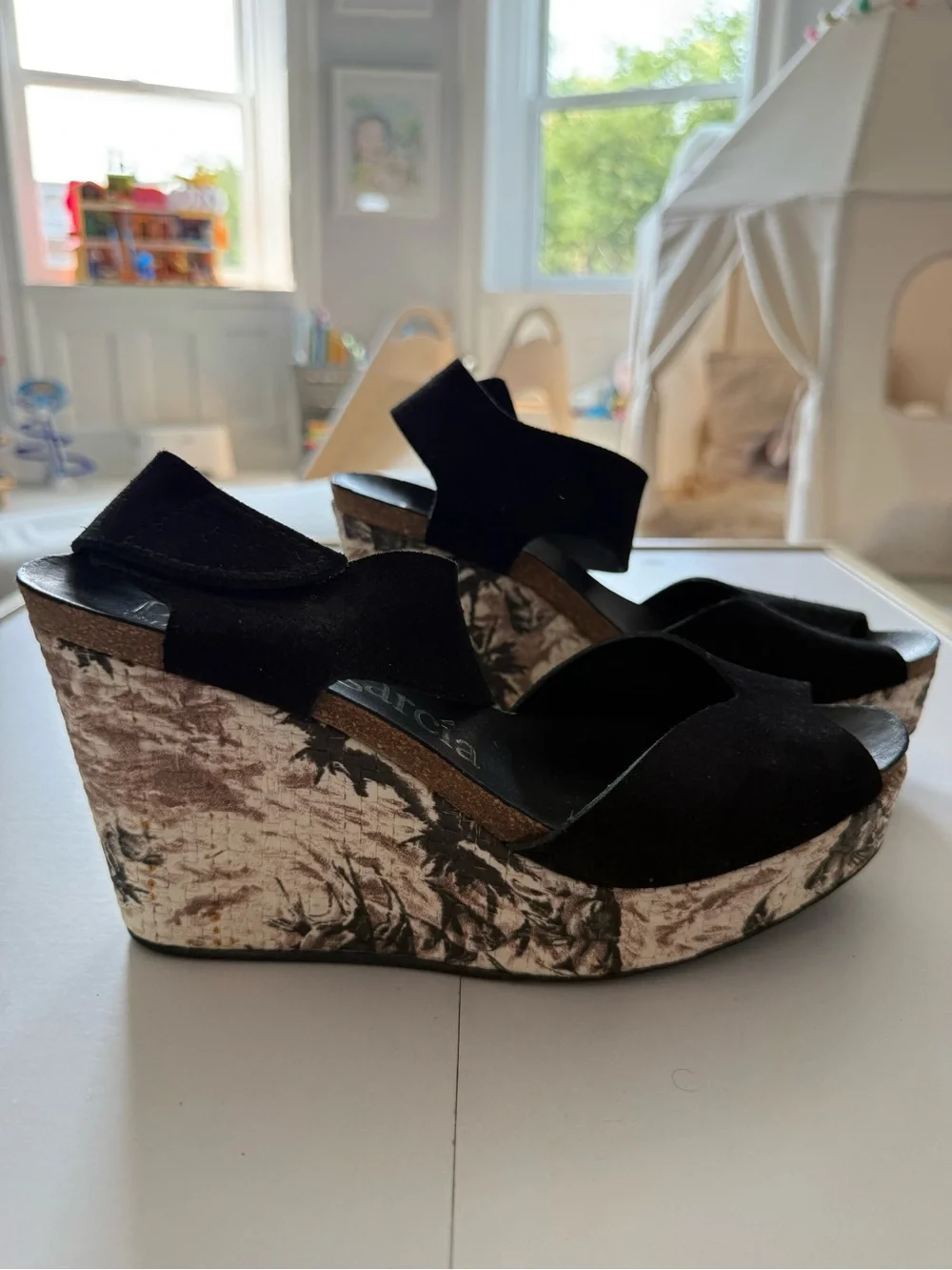 Pedro Garcia Black Suede Wedge Sandals with Patterned Cork Platform